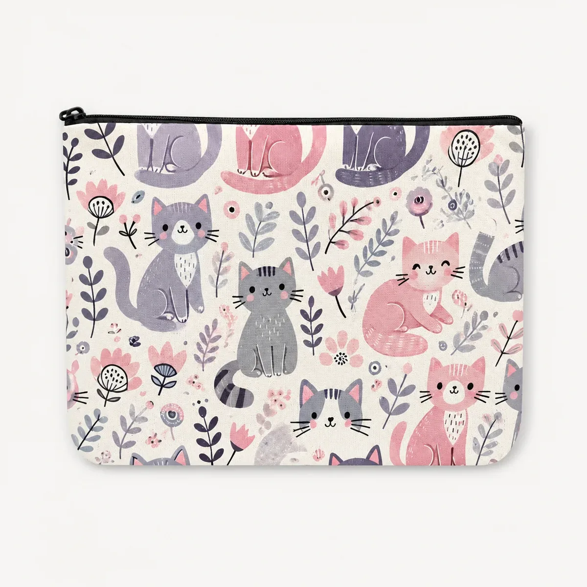 trousse de maquillage florale mignonne en toile imprimée chaton de dessin animé, pochette zippée portable de voyage pour amoureux des chats