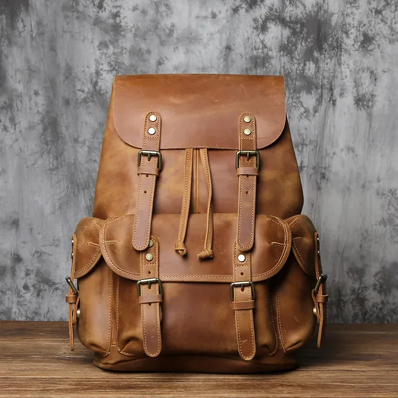 sac à dos rétro en cuir de cheval fou pour hommes, avec couche supérieure en cuir de vache, sac d'école de grande capacité, sac d'ordinateur portable, nzpj