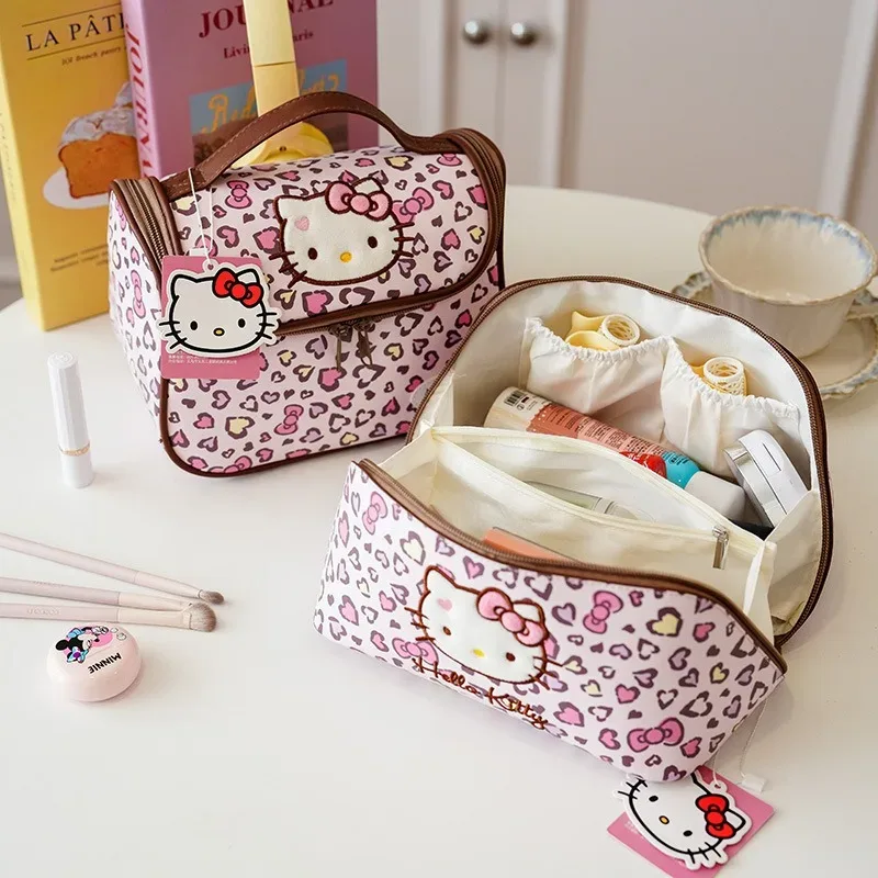 véritable trousse de maquillage hello kitty, trousse de maquillage kawaii à imprimé léopard, sac de rangement de grande capacité, sac de voyage portable.