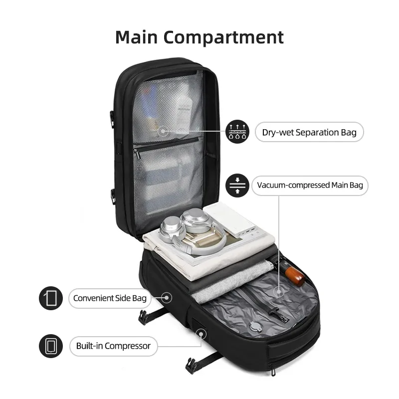 sac à dos de voyage à roulettes avec pompe de compression sous vide pour homme, sac à dos à roulettes, bagages à roulettes pour l'embarquement.
