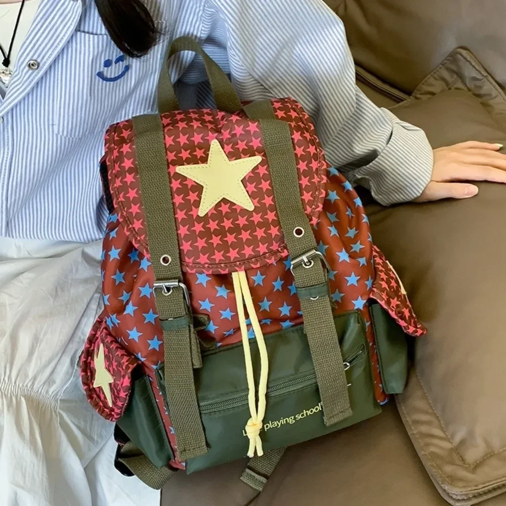 sac à dos lucky star mignon et spacieux, style coréen, multi-poches, sac à dos à cordon de serrage, sac d'école y2k en nylon, sac de randonnée et de camping pour étudiants