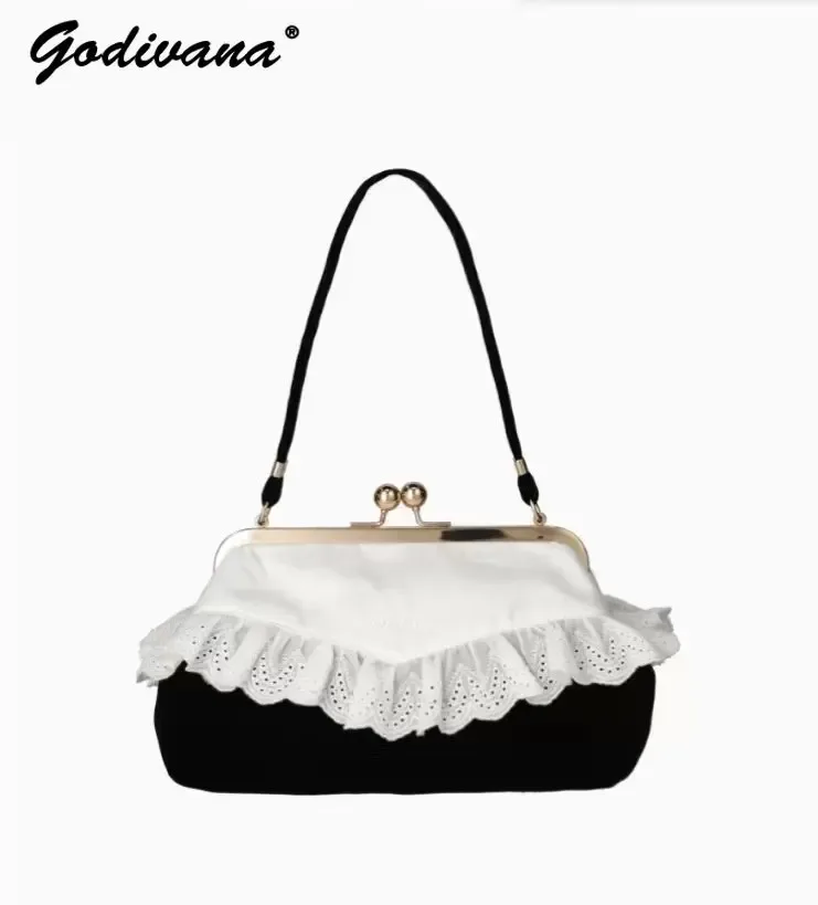 sac à main élégant de style japonais pour femmes, avec bordure en dentelle, fermoir d'épaule, sac sous le bras léopard, sacs fourre-tout