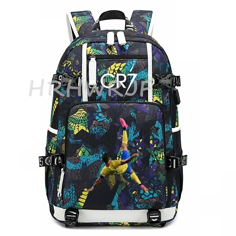 Sac à dos camouflage CR7 pour ordinateur portable, sac à dos de randonnée, sacs d'école de 18 pouces, sacs d'école imperméables USB de grande capacité, sac à dos Mochilas