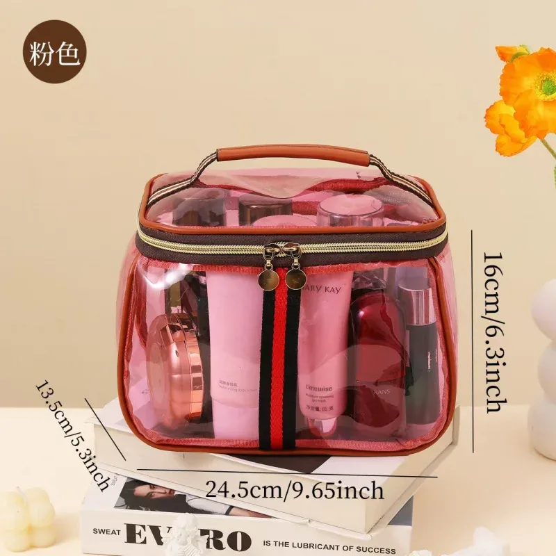 sac de maquillage en pvc transparent, imperméable, portable, organiseur de toilette de voyage, grande capacité, pochette de rangement cosmétique à fermeture éclair