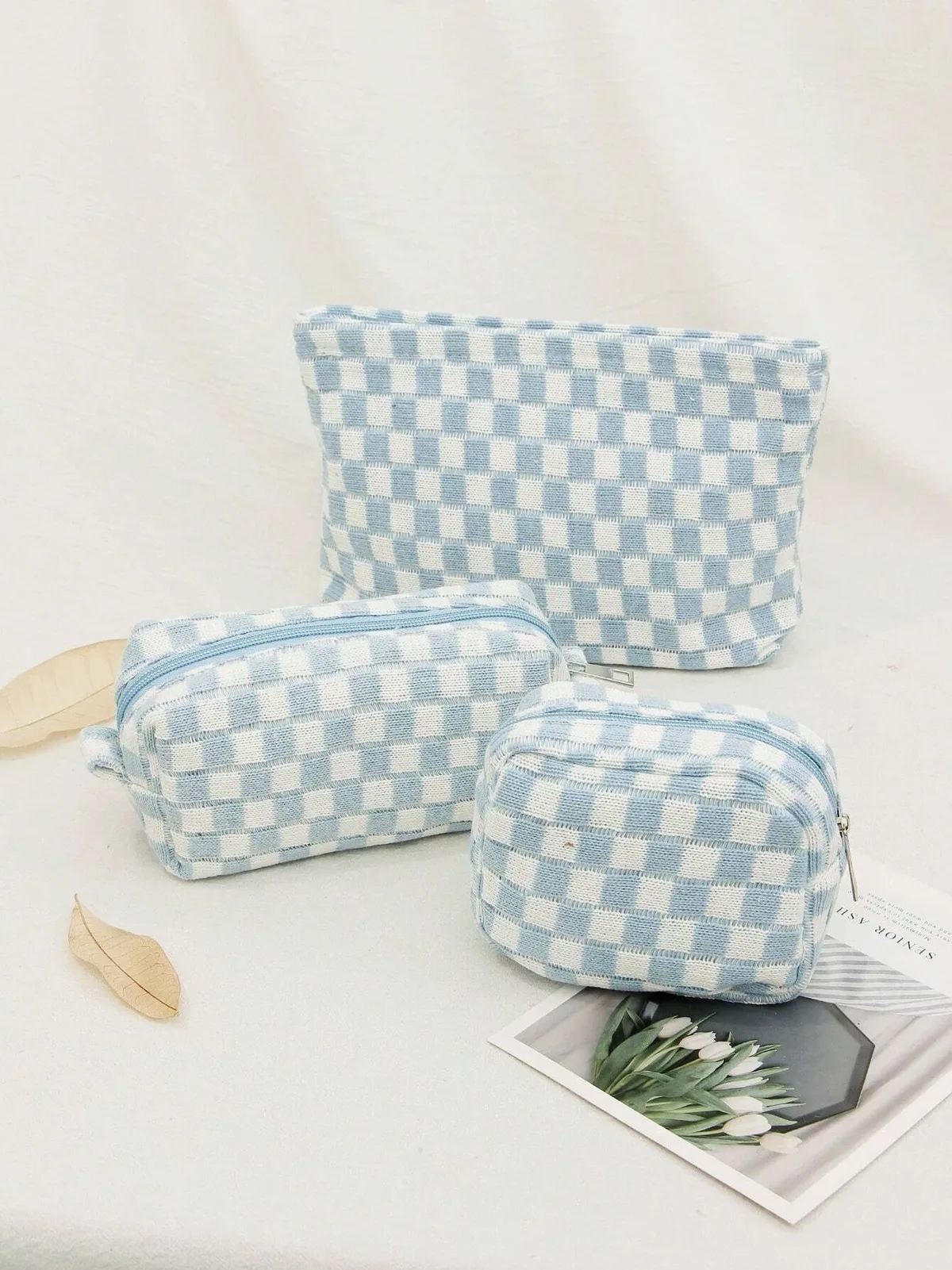 Sac à cosmétiques en damier, sac de rangement de toilette tricoté, pochette de maquillage colorée, organisateur, sac à cosmétiques à motif à carreaux