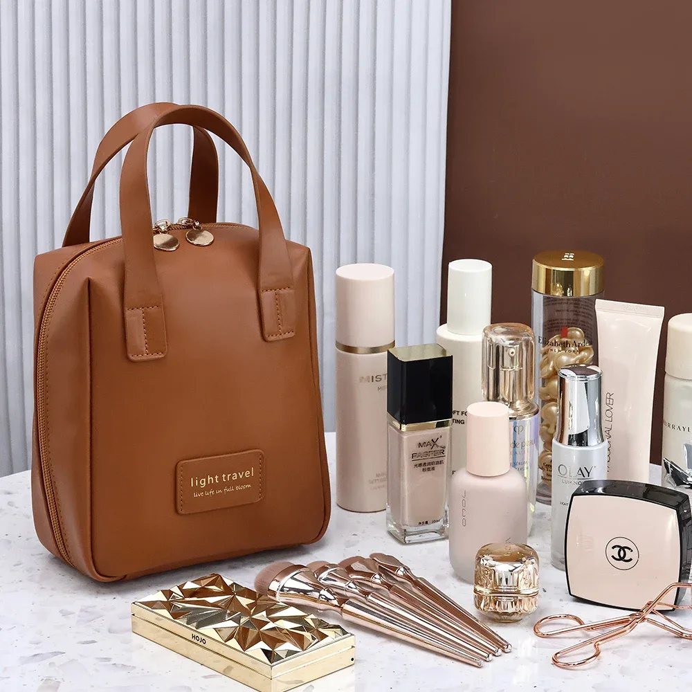 grande trousse de toilette de grande capacité, sac de rangement portable en cuir pu, organiseur de maquillage avec poignée