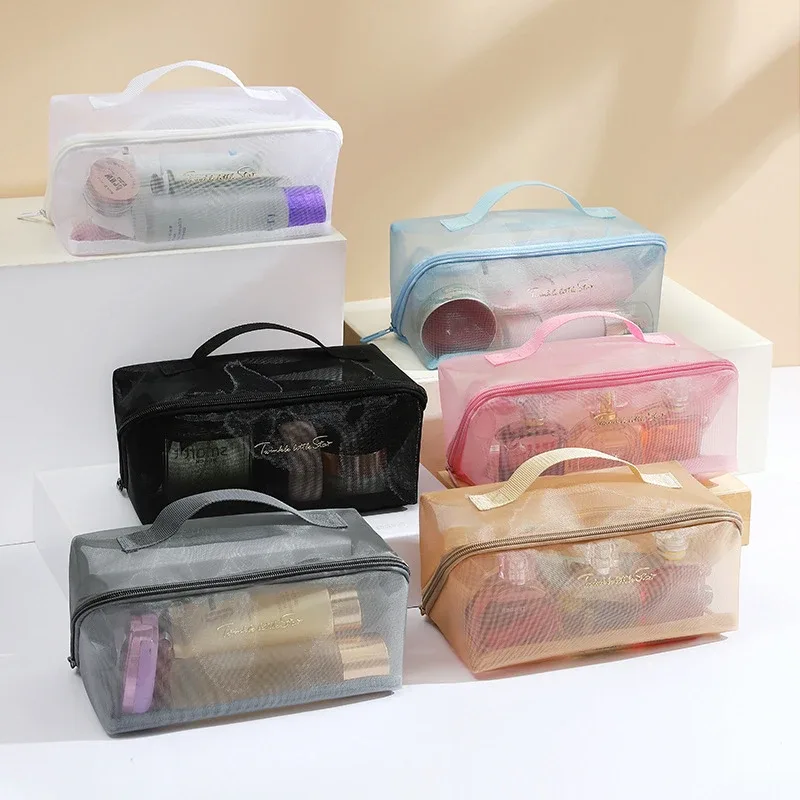 Sac de rangement de maquillage en maille transparente, vente en gros, pochette de toilette de maquillage de voyage, sac de toilette, fourre-tout organisateur de cosmétiques, sacs à fermeture éclair