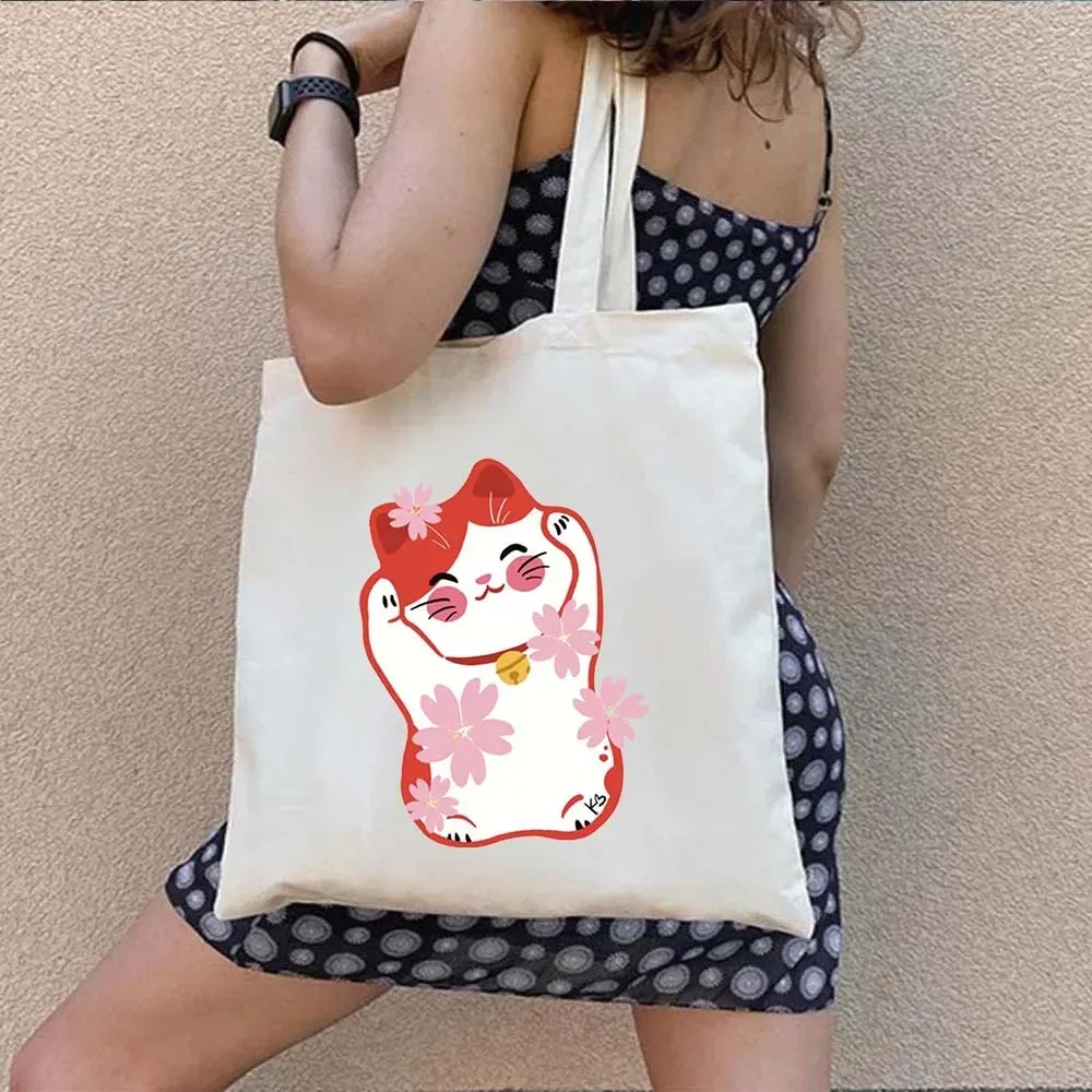 sac fourre-tout en toile à bandoulière pour le shopping, motif maneki neko, chat porte-bonheur japonais mignon, style mont fuji, style japonais, geisha de kyoto, tokyo japon