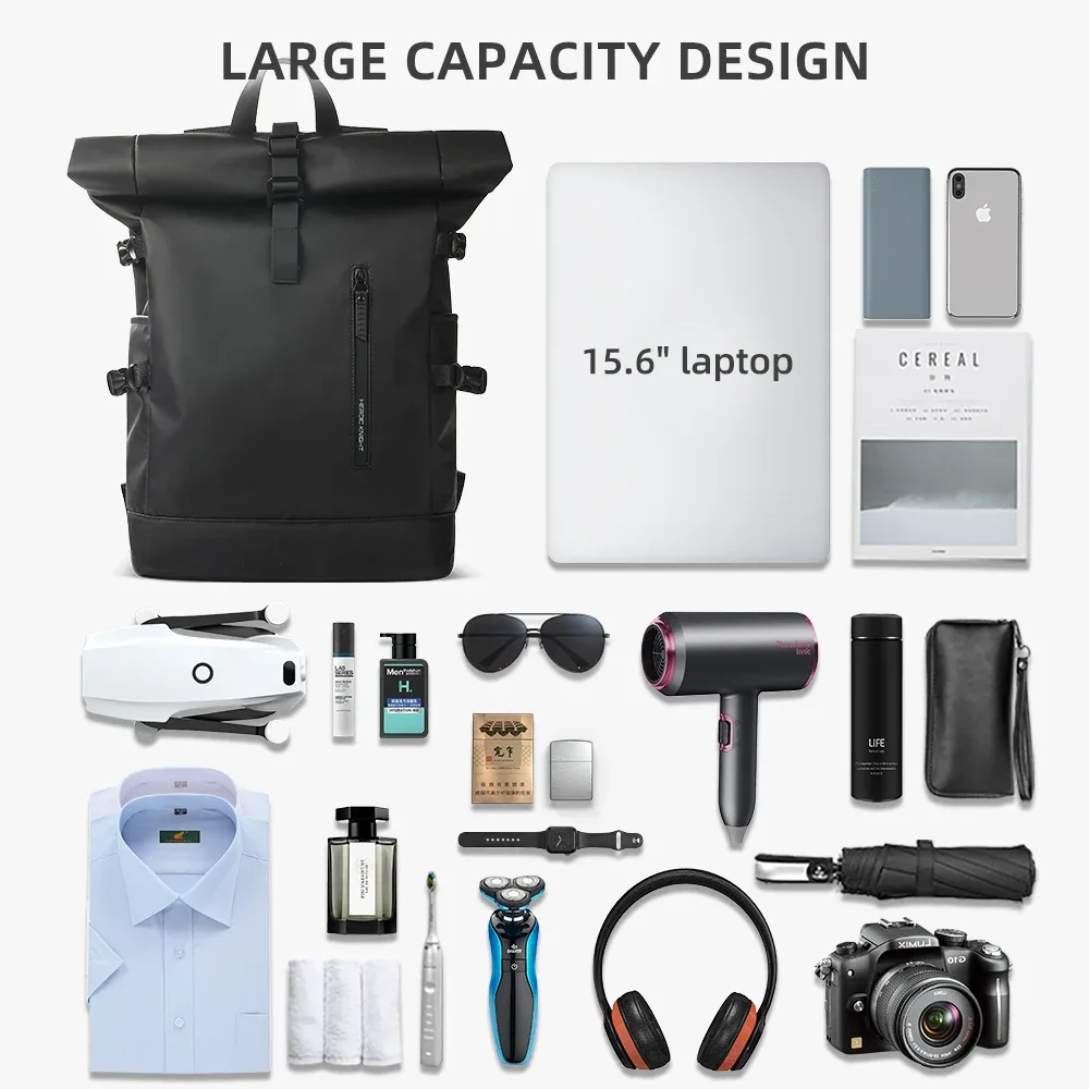 heroic knight – sac à dos de voyage pour hommes, extensible, pour ordinateur portable 15.6 pouces, avec port usb, étanche, enroulable, pour loisirs