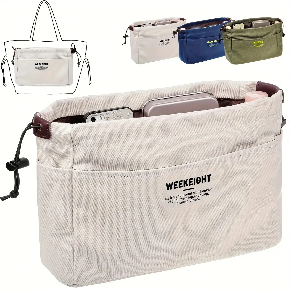 Organisateurs de rangement en toile à cordon de serrage, sac à doublure multi-poches, sac de rangement de voyage léger et Portable