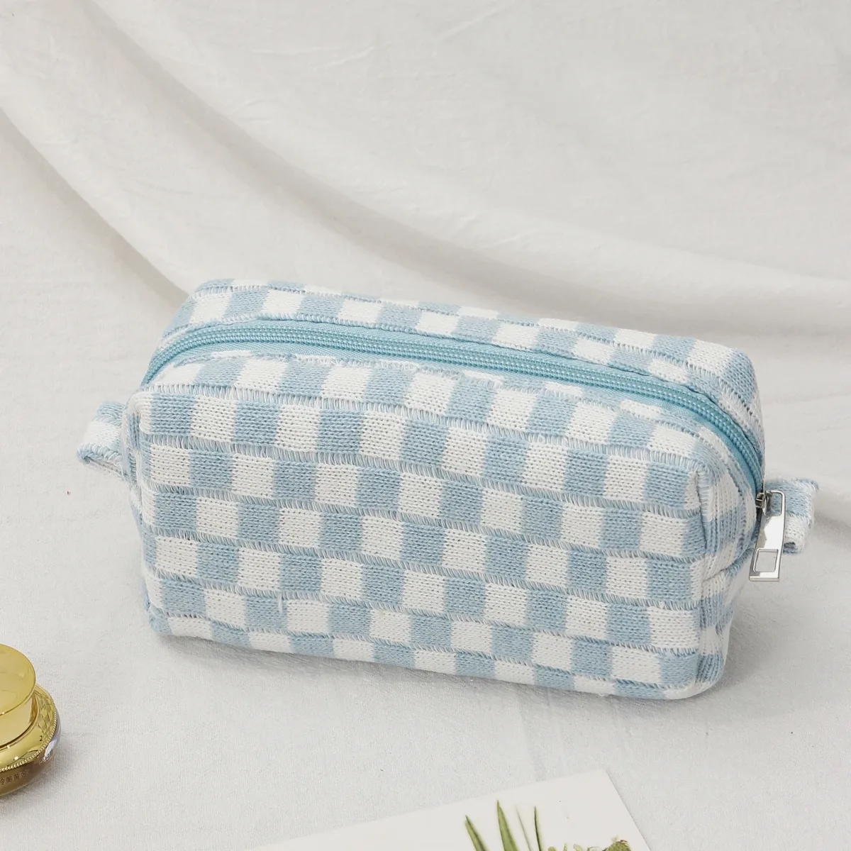 sac à cosmétiques en damier, sac de rangement de toilette tricoté, pochette de maquillage colorée, organisateur, sac à cosmétiques à motif à carreaux