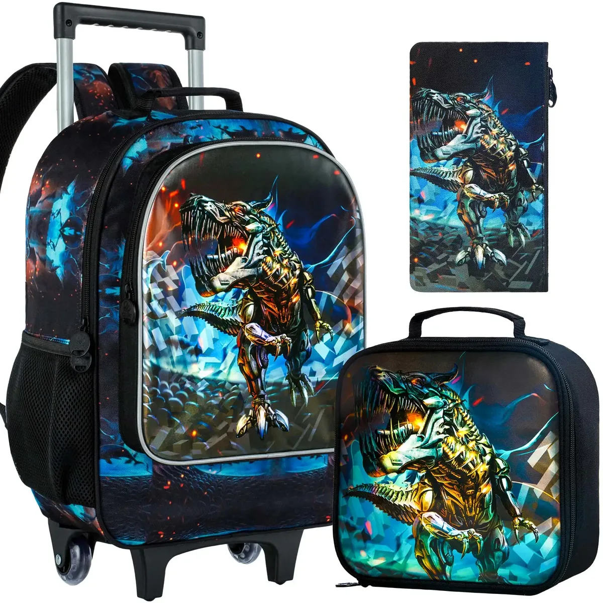 sac à dos roulant 3 pièces pour garçons, sac à dos d'école à roulettes avec roulettes, sac à livres à roulettes dinosaure pour enfants pour kinde préscolaire primaire
