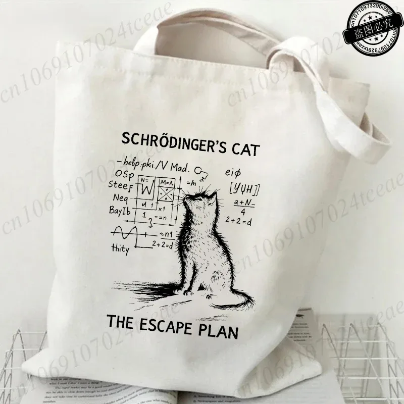 sac fourre-tout en toile imprimé chat physique amusant, sac à main réutilisable chat mathématique humour scientifique, sacs à bandoulière décontractés pour le shopping