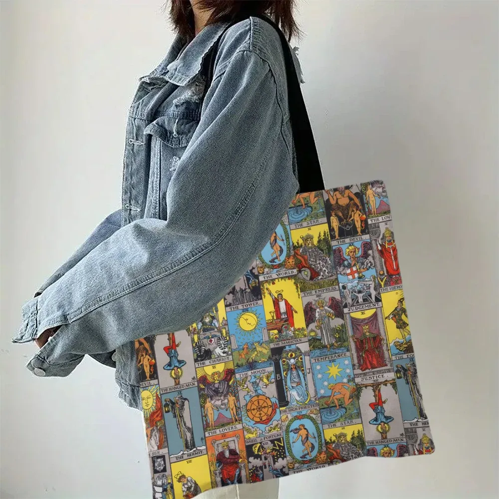 sac fourre-tout imprimé l'arcanes majeurs du tarot, sac à main de shopping pour filles, sac de shopping à band