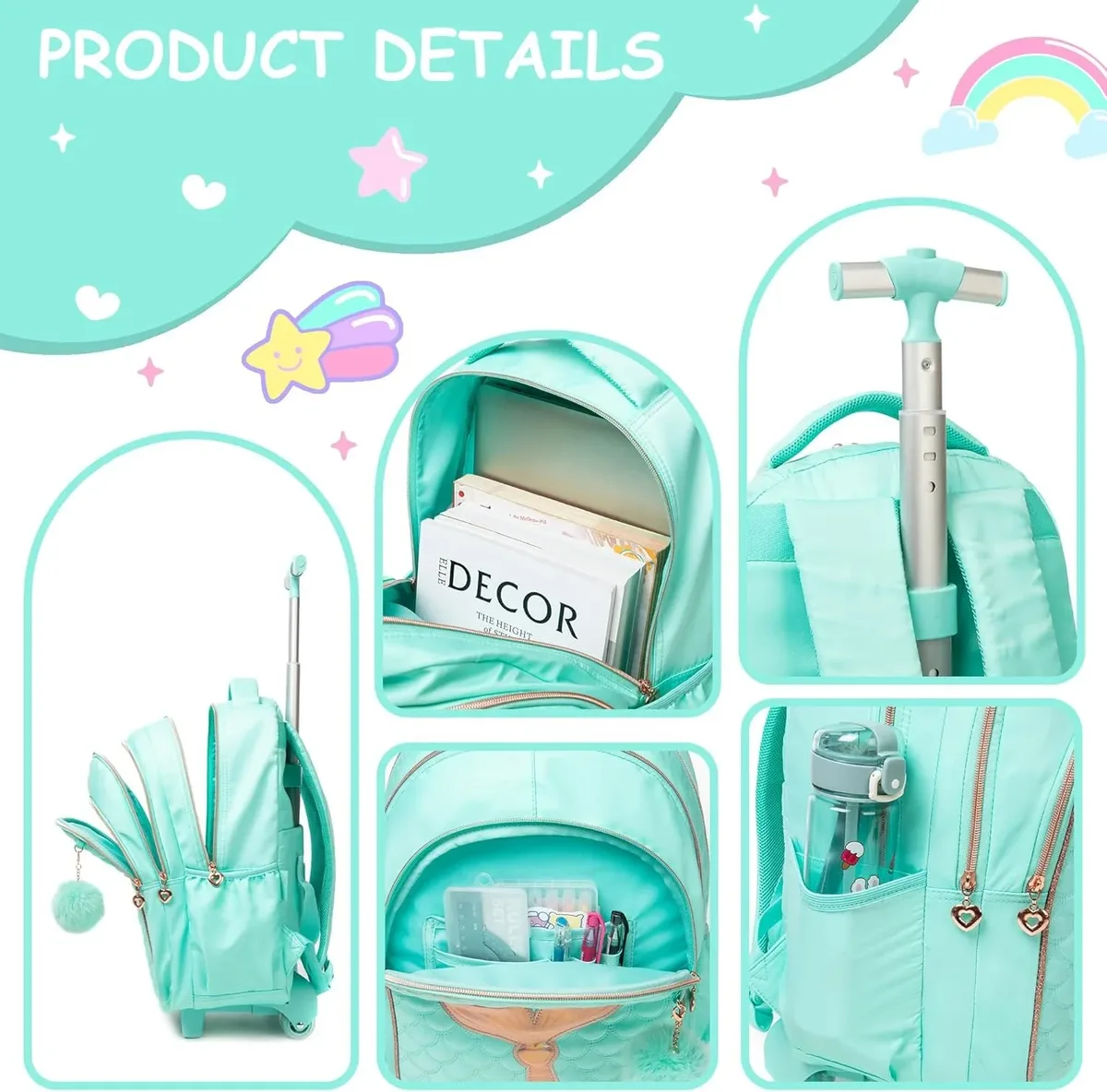 sac d'école à roulettes mignon, sac à livres à roulettes pour enfants, bagage à main de grande capacité, sac à dos à roulettes durable, cadeau pour fille