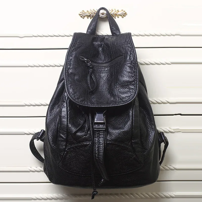Sac à dos en cuir souple pour femmes, grand sac de voyage en cuir PU, sac de jour noir, sac d'école pour adolescentes