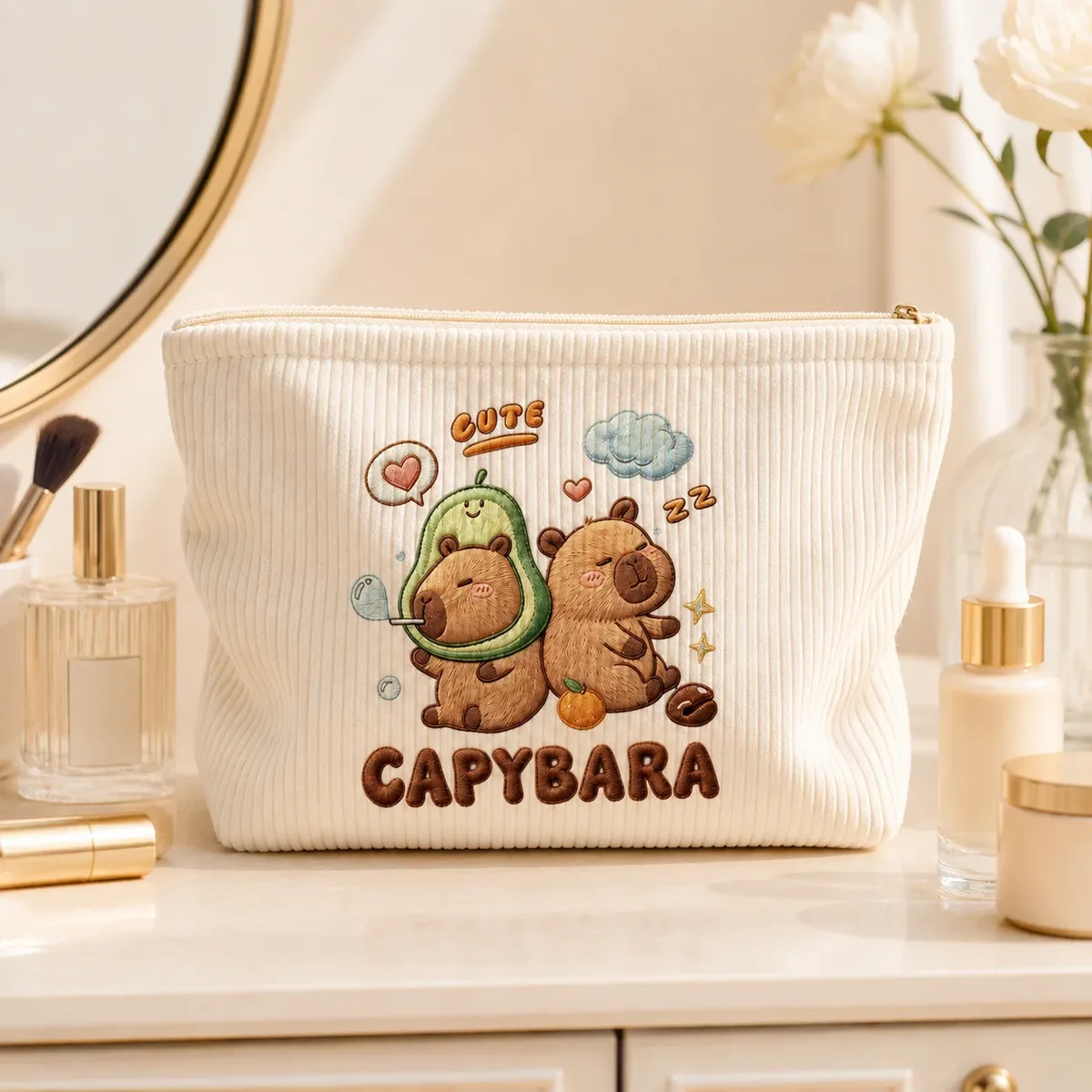 trousse de maquillage mignonne capybara en velours côtelé, grande capacité, pochette zippée pour femmes, organisateur de toilette de voyage, rangement beauté