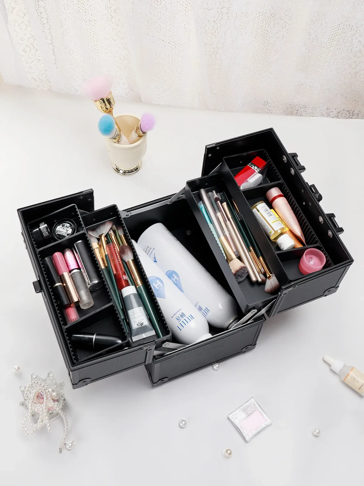 trousse de maquillage, boîte de maquillage extra large, plateaux à 4 niveaux, organisateur de cosmétiques de voyage, verrouillable avec clés