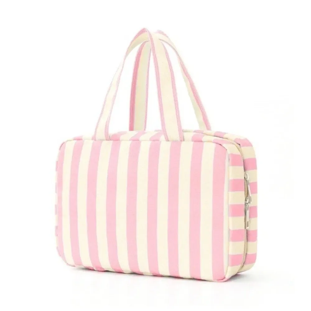 trousse de toilette de voyage suspendue portable rayée avec crochet, sac de maquillage pliable 4 volets grande capacité, organisateur cosmétique de voyage