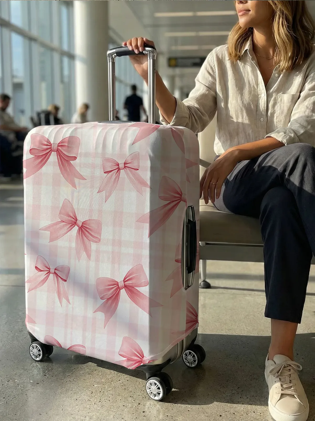 housse de bagage à carreaux rose et blanc avec nœud rose, adaptée aux bagages de 18 à 32 pouces, gant de protection pour poignée de bagage, accessoires de voyage