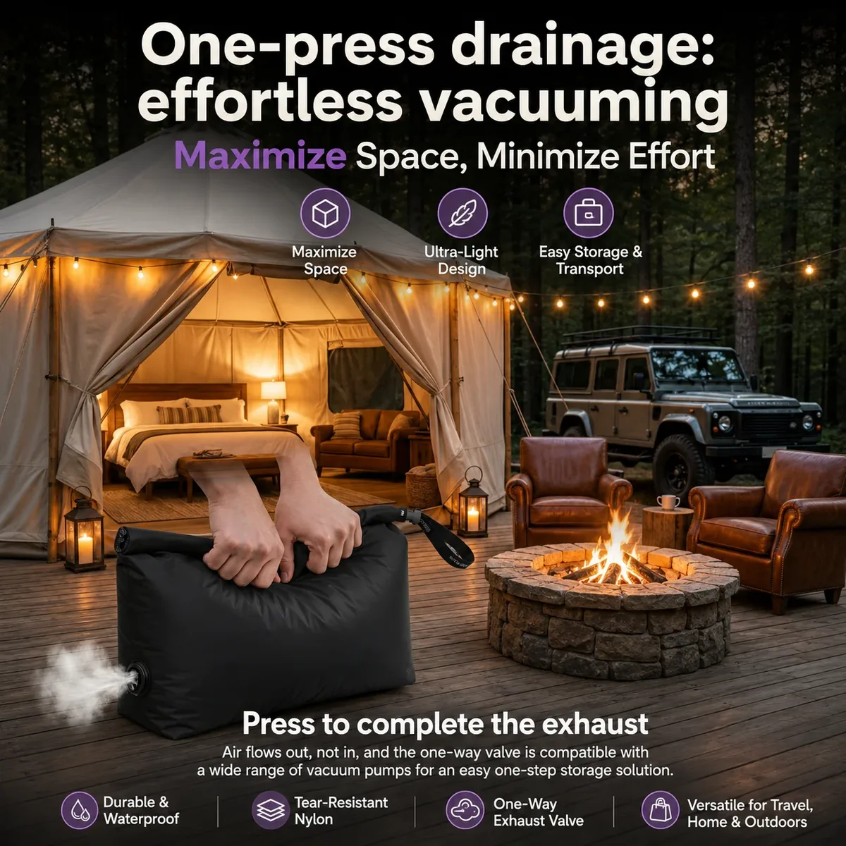 sac de compression sous vide pour glamping, pas de pompe nécessaire, organisateur d'équipement imperméable pour sac de couchage, doudoune, vanlife, économiseur d'espace