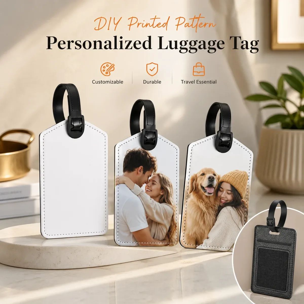 étiquettes de bagage personnalisées en cuir pu avec photo, étiquettes d'identification étanches avec image, pour voyage d'affaires, en cuir haut de gamme, pour carte d'embarquement