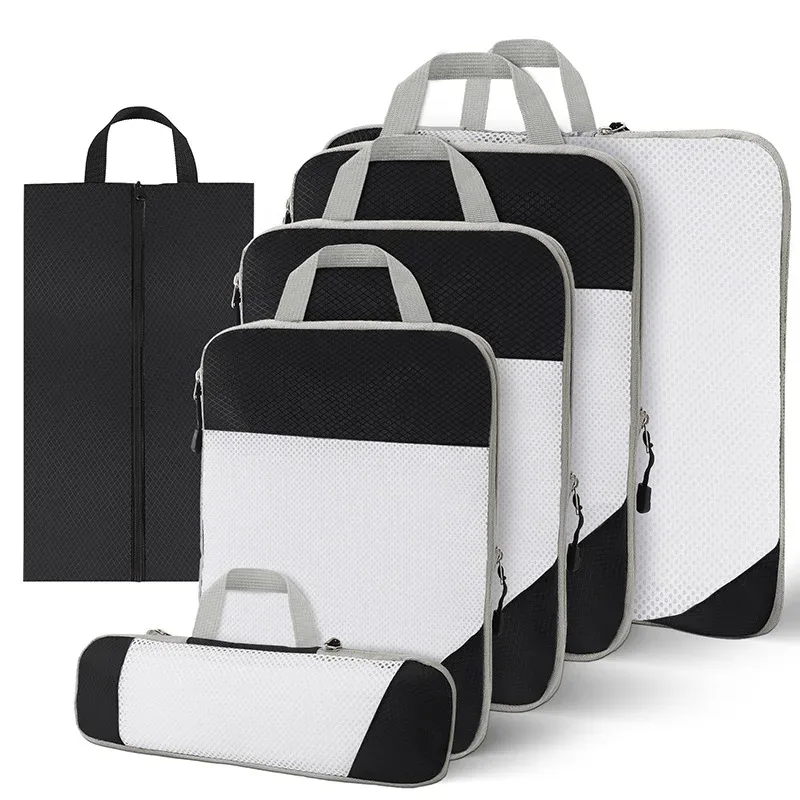 sac de rangement en nylon imperméable à compression de voyage portable, ensemble de pochettes de rangement à motif de grille visuelle pour l'organisation du voyage