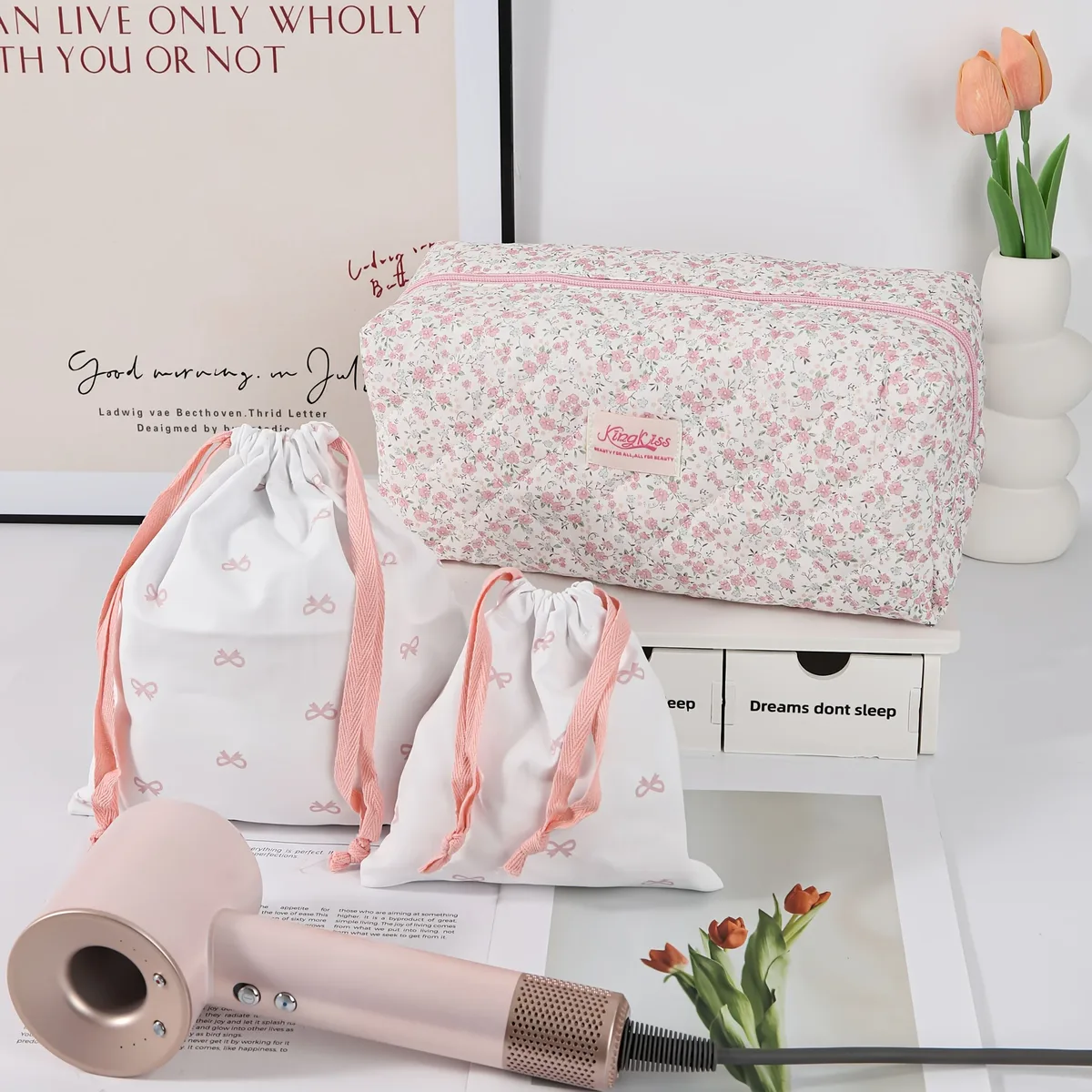 sac de rangement de beauté de voyage de grande capacité de style coréen, mignon, à motifs floraux, pour sèche-cheveux et fer à friser, avec rangement pour le maquillage