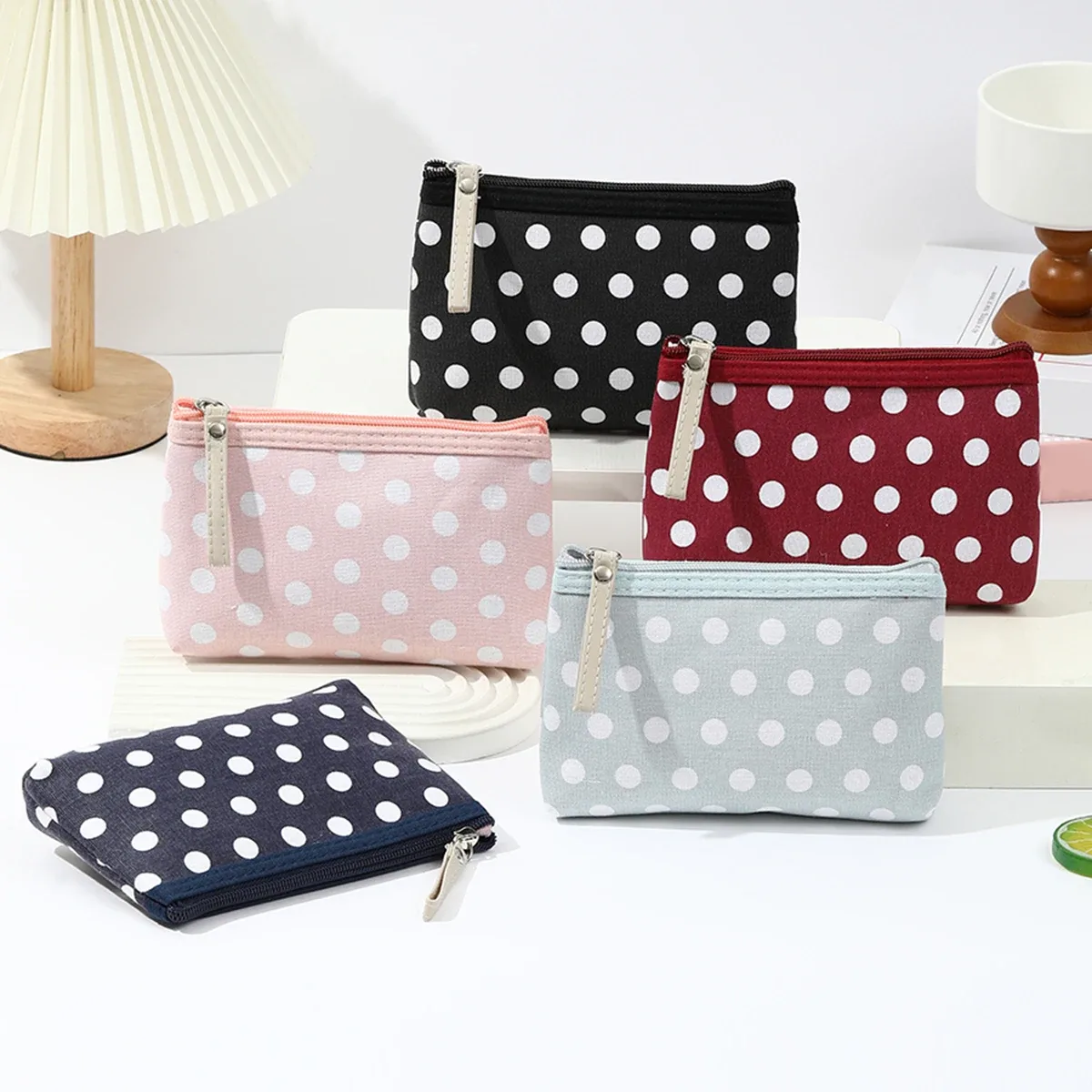 petite trousse de maquillage en toile à pois, simple et portable, sac de rangement pour soins de la peau, version coréenne, trousse à crayons pour étudiants, portefeuille