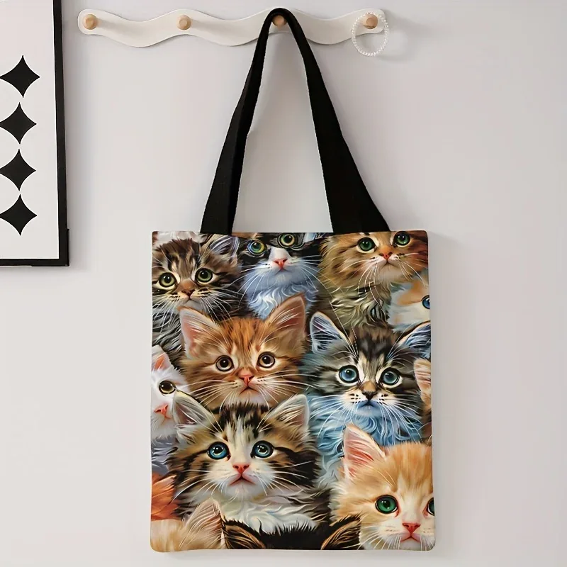Sac à main décontracté imprimé chat, sac à dos réutilisable à la mode, sac à main multifonctionnel, sac de shopping en toile imprimée