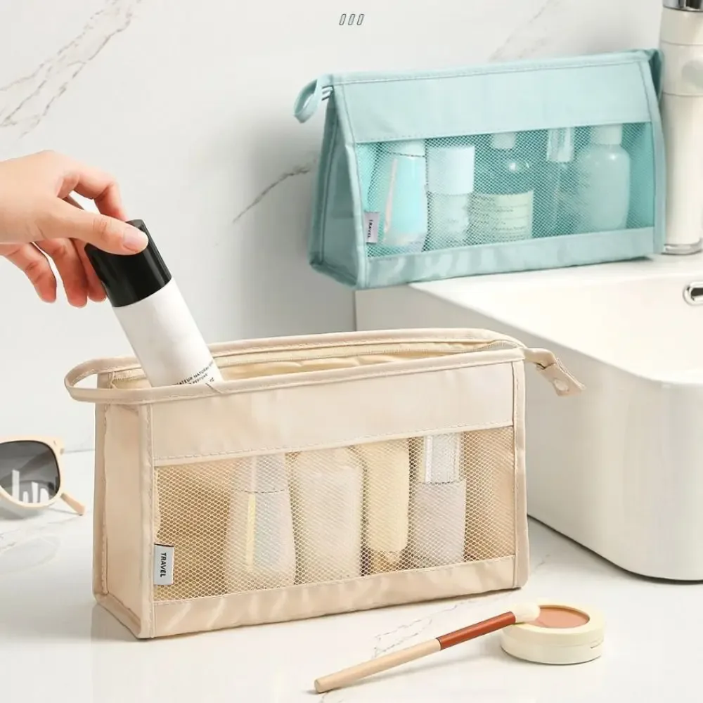 Sac cosmétique portable à fermeture éclair, grande capacité, pochette en maille multifonctionnelle pour maquillage, camping