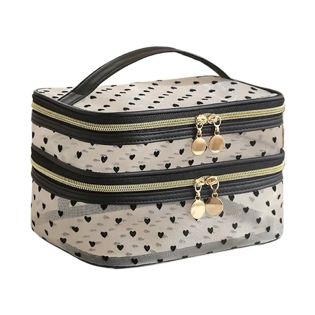 sac à cosmétiques en maille noire à double couche, trousse de maquillage portable de grande capacité, pochette de rangement, sacs de toilette à fermeture éclair