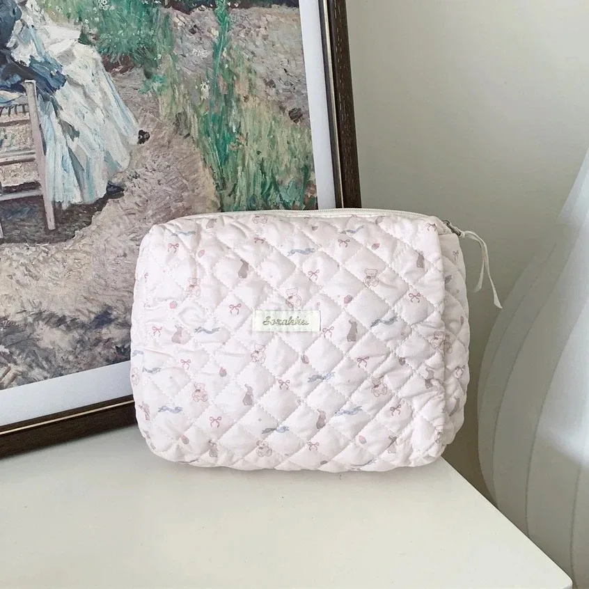 sac de rangement de voyage en coton matelassé pour femmes, sacs à cosmétiques rétro cerise, design mignon, trousse à crayons pour filles, trousse de maquillage, sacs à main