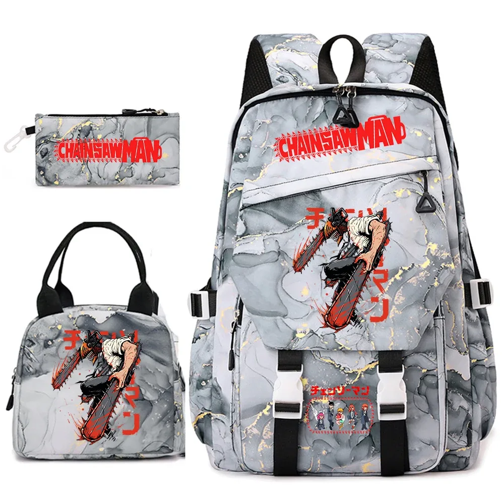 Ensemble de sacs à dos pour étudiantes avec imprimé Chainsaw Man Anime, pour filles, avec sac à lunch et trousse à crayons, pour une utilisation quotidienne à l'école