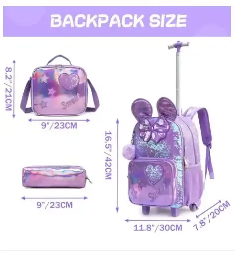 sac de voyage sac de chariot d'école avec sac à déjeuner ensemble de trousse à crayons ensemble de sac à dos roulant d'école pour filles sac à dos à roulettes d'école pour les filles