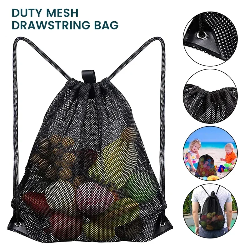sac à dos en maille noire, sac de rangement portable à cordon pour football, basketball, sport, voyage, gym, plage, jouets, randonnée, shopping, natation