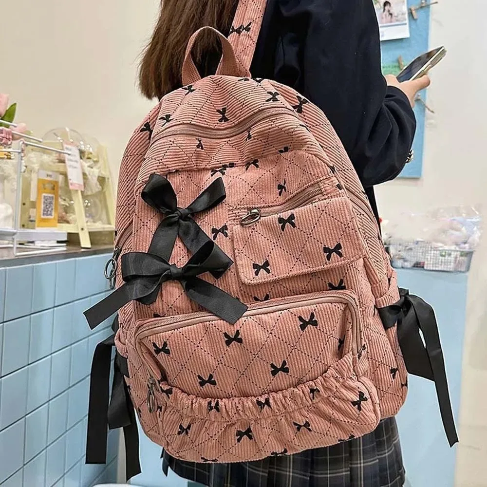 Sac à dos décontracté en velours côtelé avec nœud, design soyeux, pour étudiants, en polyester, avec sangles fixes, grande capacité