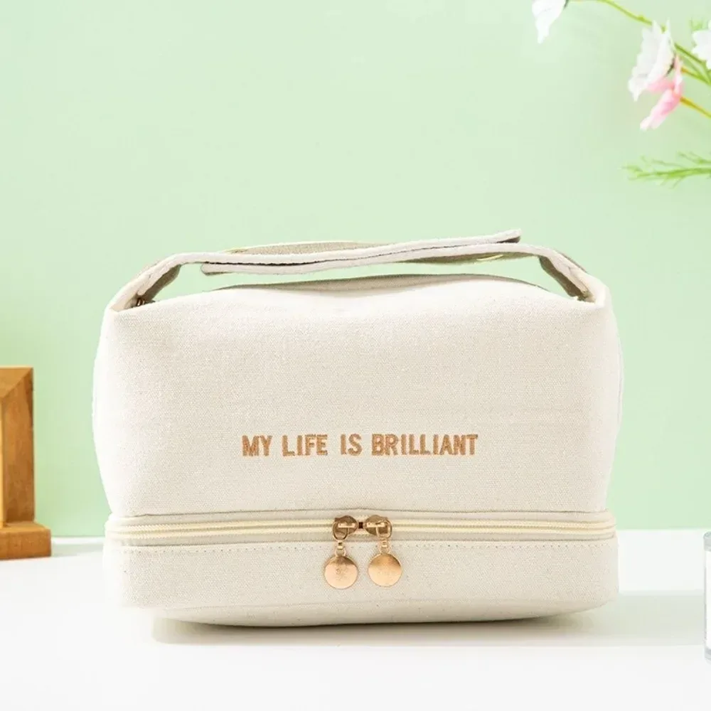 sac de rangement cosmétique multifonctionnel de grande capacité, sac de toilette en toile à porter à la main, pochette de maquillage portable, rangement cosmétique