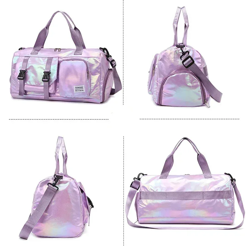 sac polochon glamour holographique – espace et élégant, fourre-tout à bandoulière avec compartiment à chaussures pour les évasions du week-end sans effort –