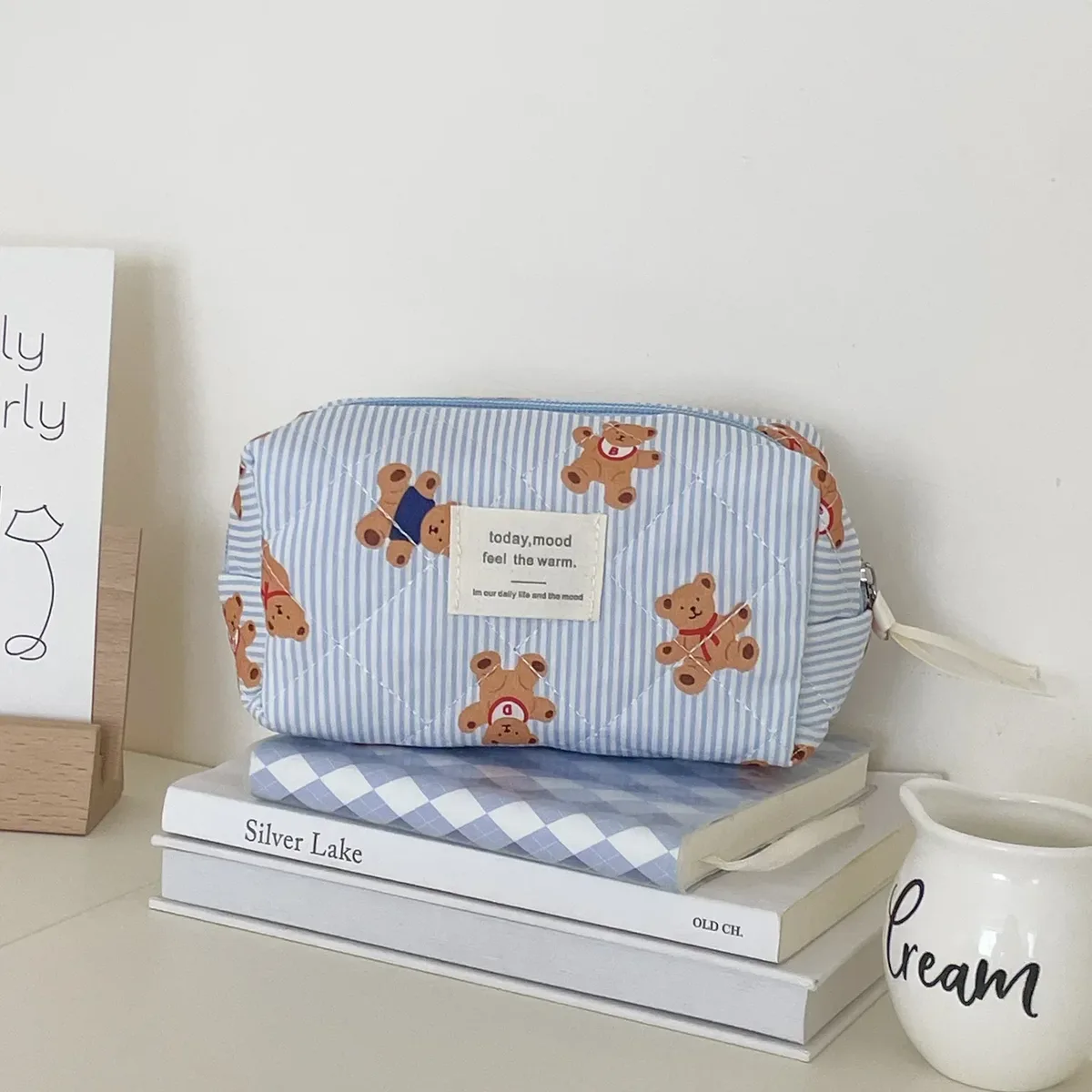 1pc matelassé ours mignon sac de maquillage floral sac cosmétique femmes fille voyage trousse de toilette organisateur coton pinceaux de maquillage mallette de rangement