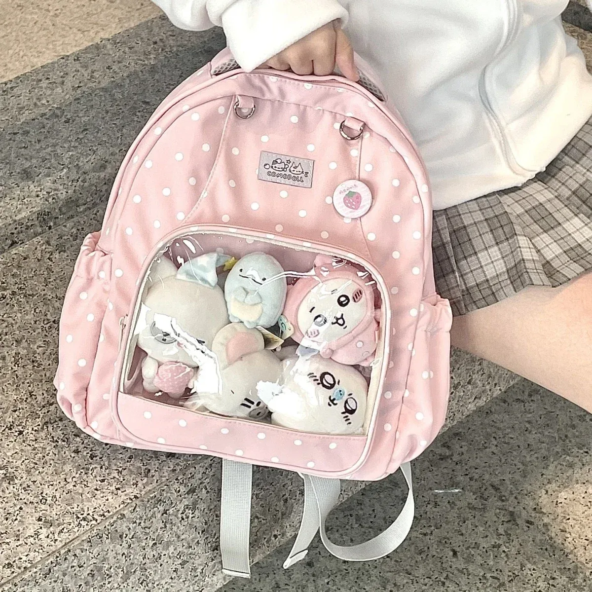 nouveau sac à dos harajuku rose kawaii à motif de dessin animé pour femme, sac à dos décontracté à pois, sac ulzzang ita doux et mignon