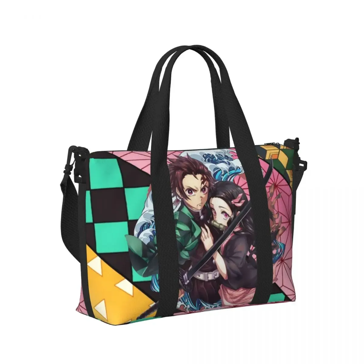 sac fourre-tout de plage personnalisé demons slayers anime manga pour femmes, tanjiro kamado nezuko, grand compartiment, sacs de voyage de plage de gym