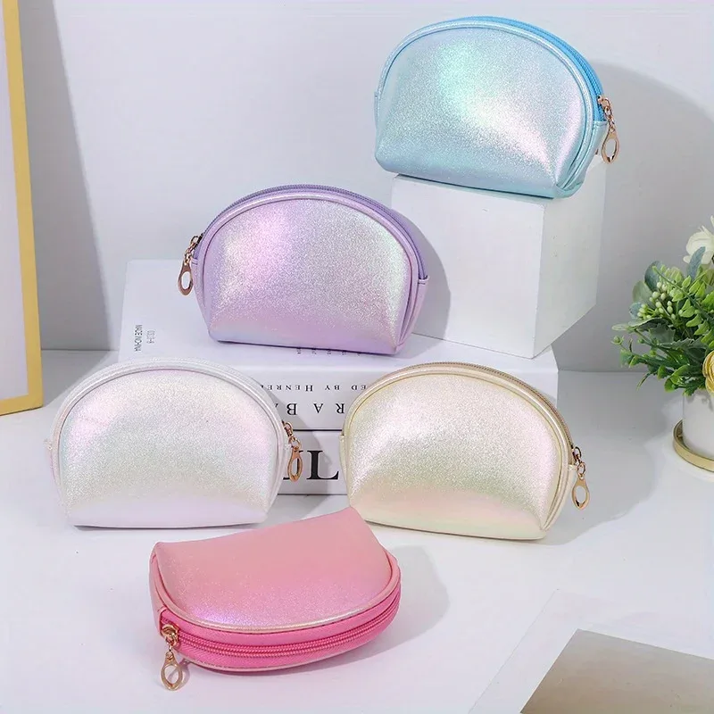 sac en forme de coquille, mini sac de maquillage, pochette cosmétique portable avec fermeture éclair pour femmes, rangement de voyage pour articles de toilette et organisateur de petits objets.