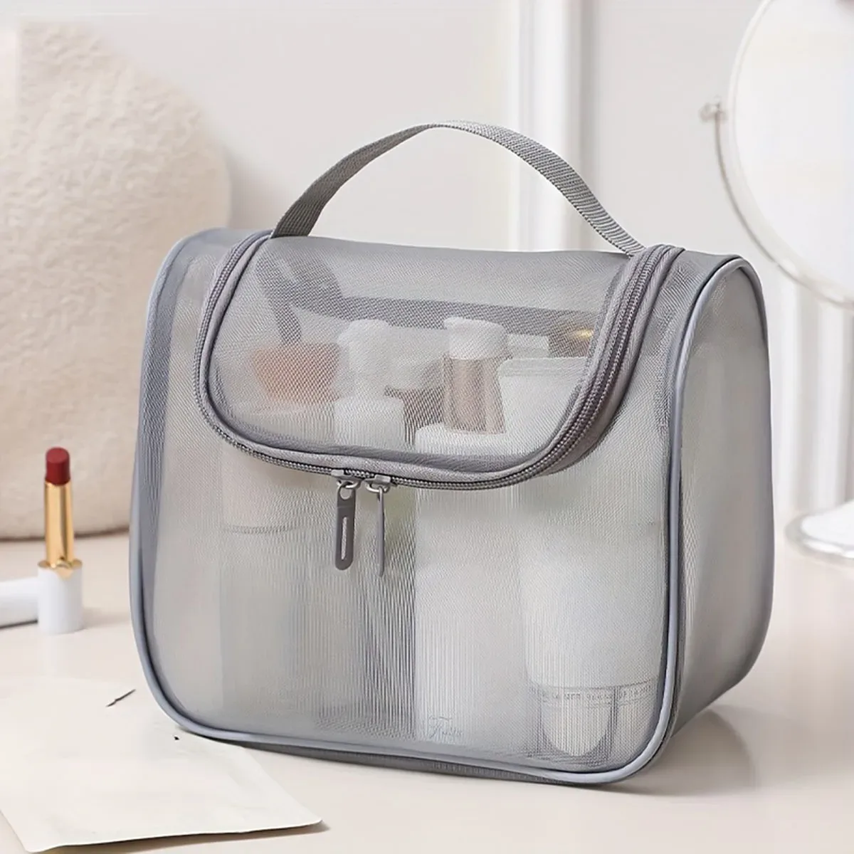 sac de toilette grande capacité pour femmes, multifonctionnel, portable, en nylon courbé, organiseur de maquillage en maille