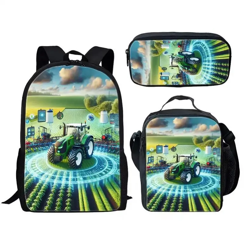 sac à dos tendance et populaire pour étudiants, motif simulateur d'agriculture avec tracteur imprimé en 3d, lot de 3 pièces : sac à dos pour ordinateur portable, sac à déjeuner et trousse à crayons