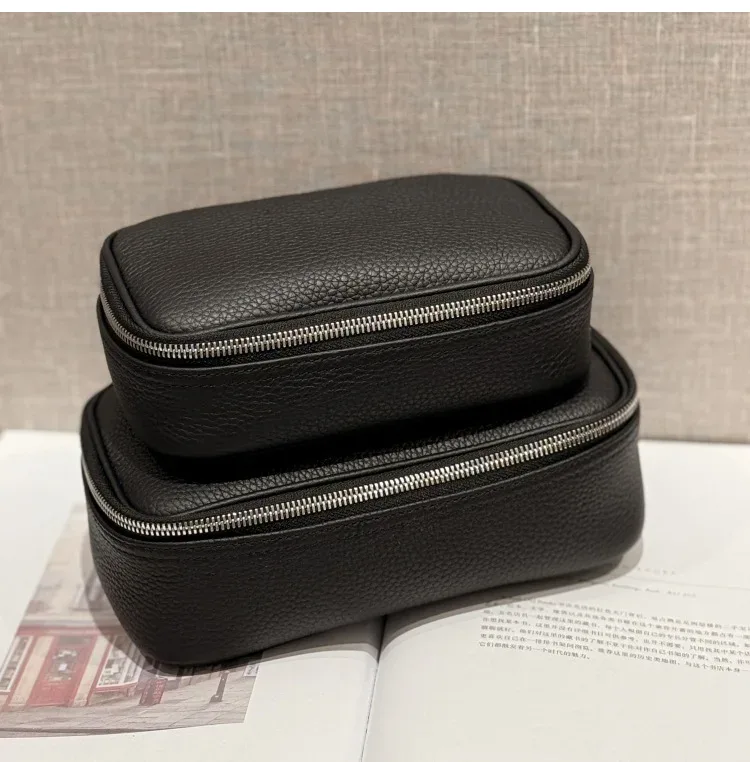 sac de maquillage en cuir véritable, design simple, cuir de vachette de première qualité, sac de toilette portable, sac de rangement pour cosmétiques pour femmes, sac de voyage