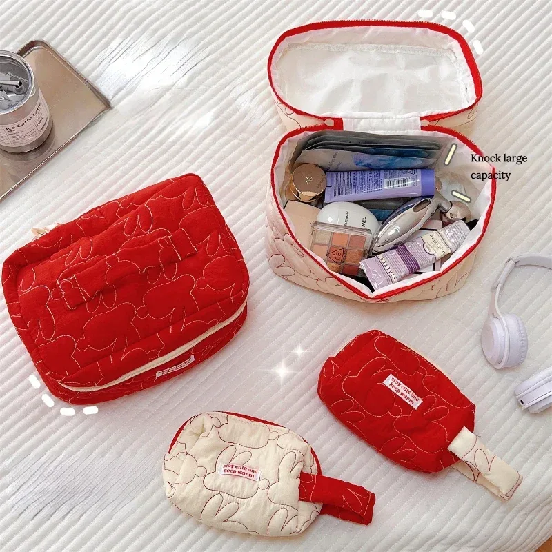 ins – sacs de maquillage à fermeture éclair de grande capacité, étuis à cosmétiques en coton matelassé lapin, pochette de rangement de voyage mignonne, organisateur pour femmes, sac à main