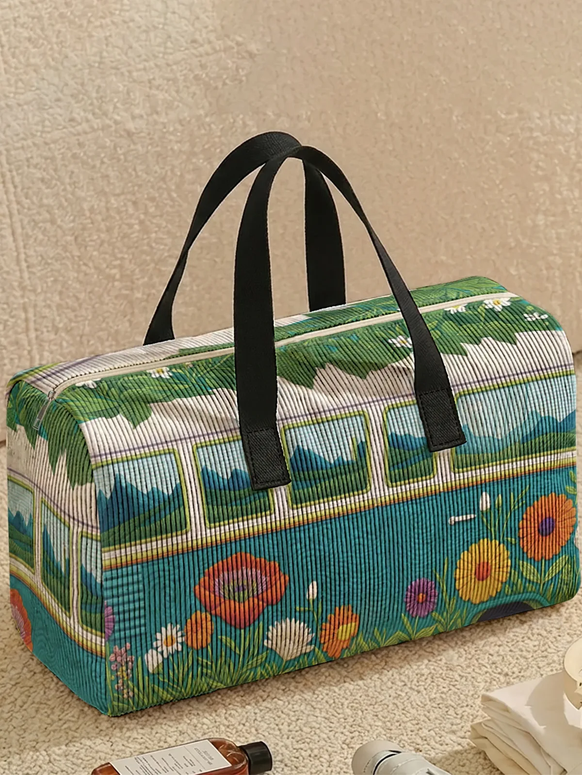 sac de voyage imprimé de bus floral rétro, deux styles, sac à main portable adapté aux voyages de week-end, aux sports et aux courses, 1 pièce