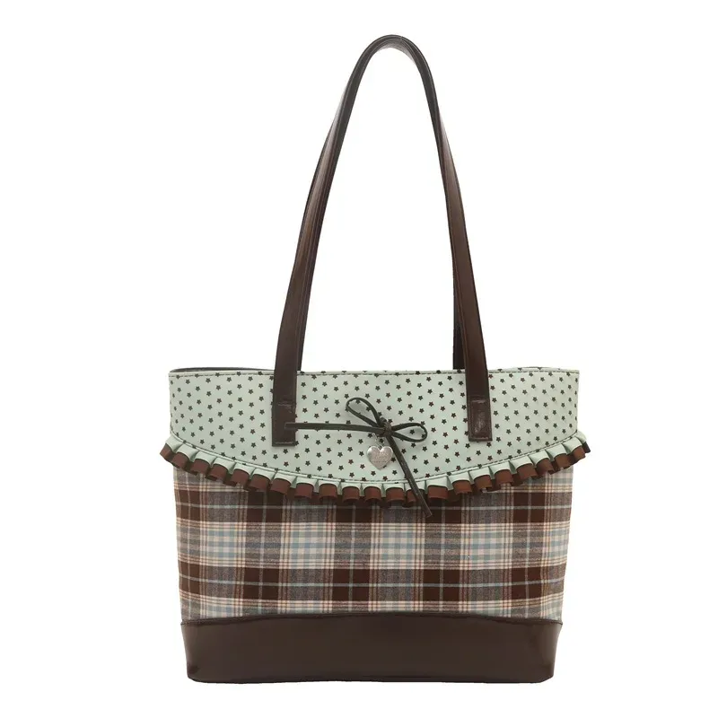 sac fourre-tout vintage à pois et à carreaux grande capacité pour écolière, sac à bandoulière polyvalent simple et haut de gamme