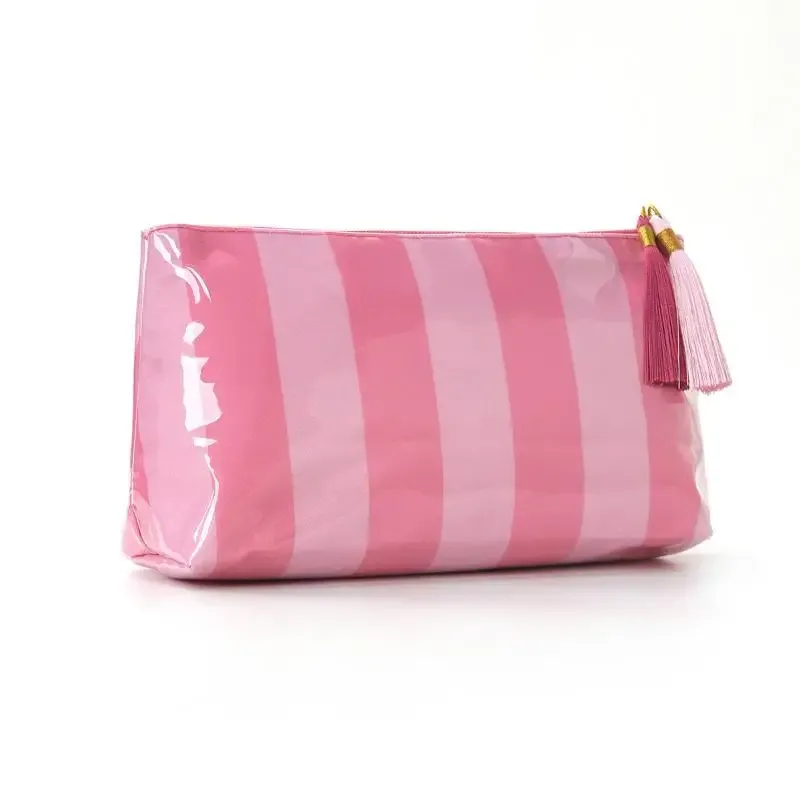 pochette cosmétique rayée en pvc avec franges et fermeture éclair, trousse de toilette imperméable pour voyage, étui pour pinceaux de maquillage